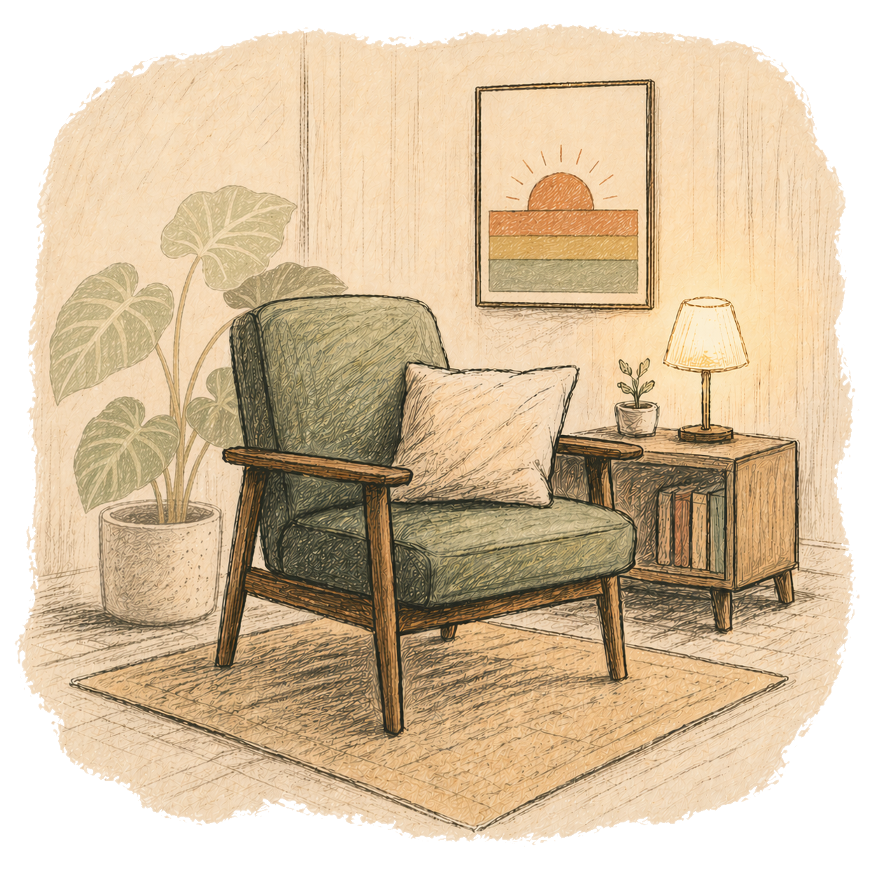 Warm hand-drawn counselling office scene with a green chair, plant, lamp, and framed sunset art.